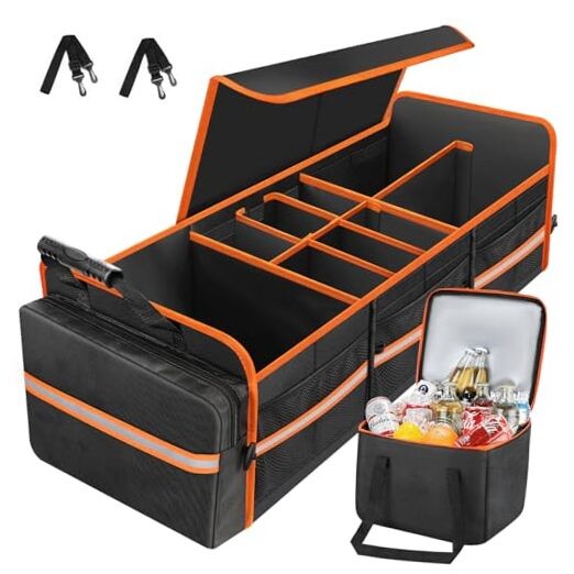 95L Car Trunk Organizer with Removable Cooler Bag, Collapsible Trunk Orange
