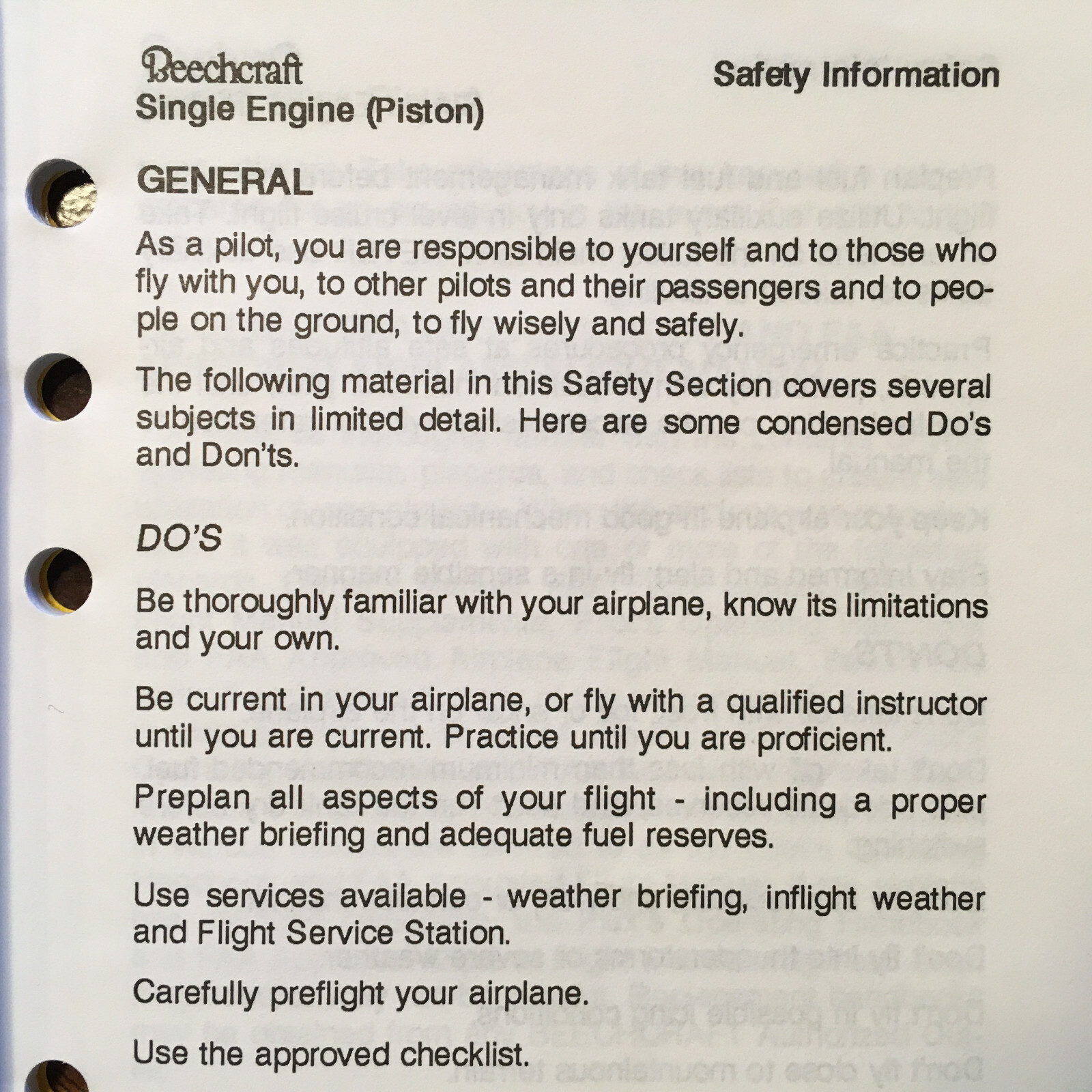 Beechcraft Single Engine (piston) Airplanes Safety Information Booklet
