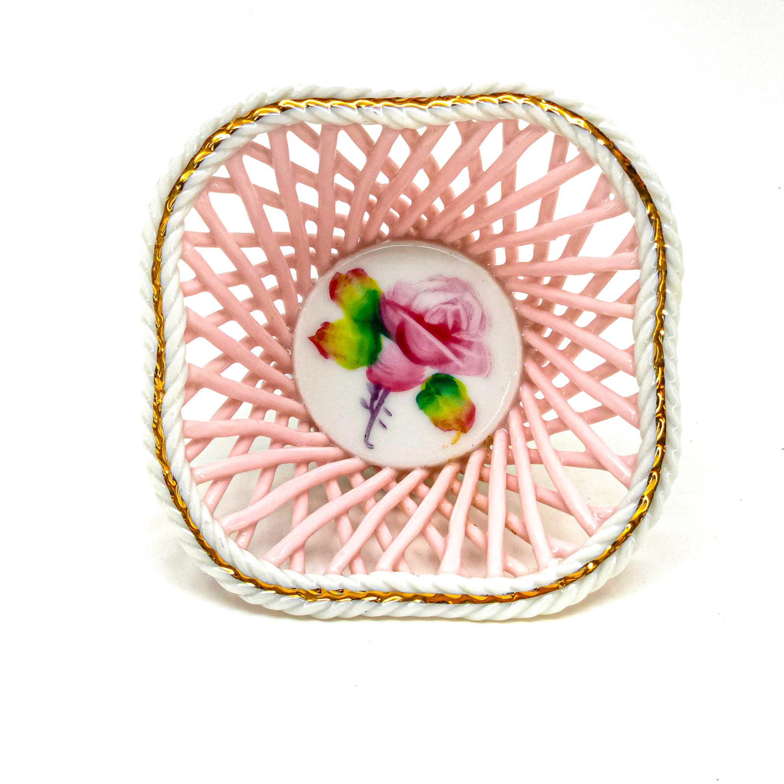 Richard Japan Porcelain Basket Pink Rose Center Reticulated Ceramic Dish