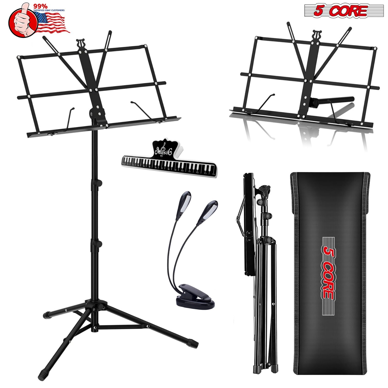5Core Pro Sheet Music Stand Folding w/ Carrying Bag Music Clip & Reading Light