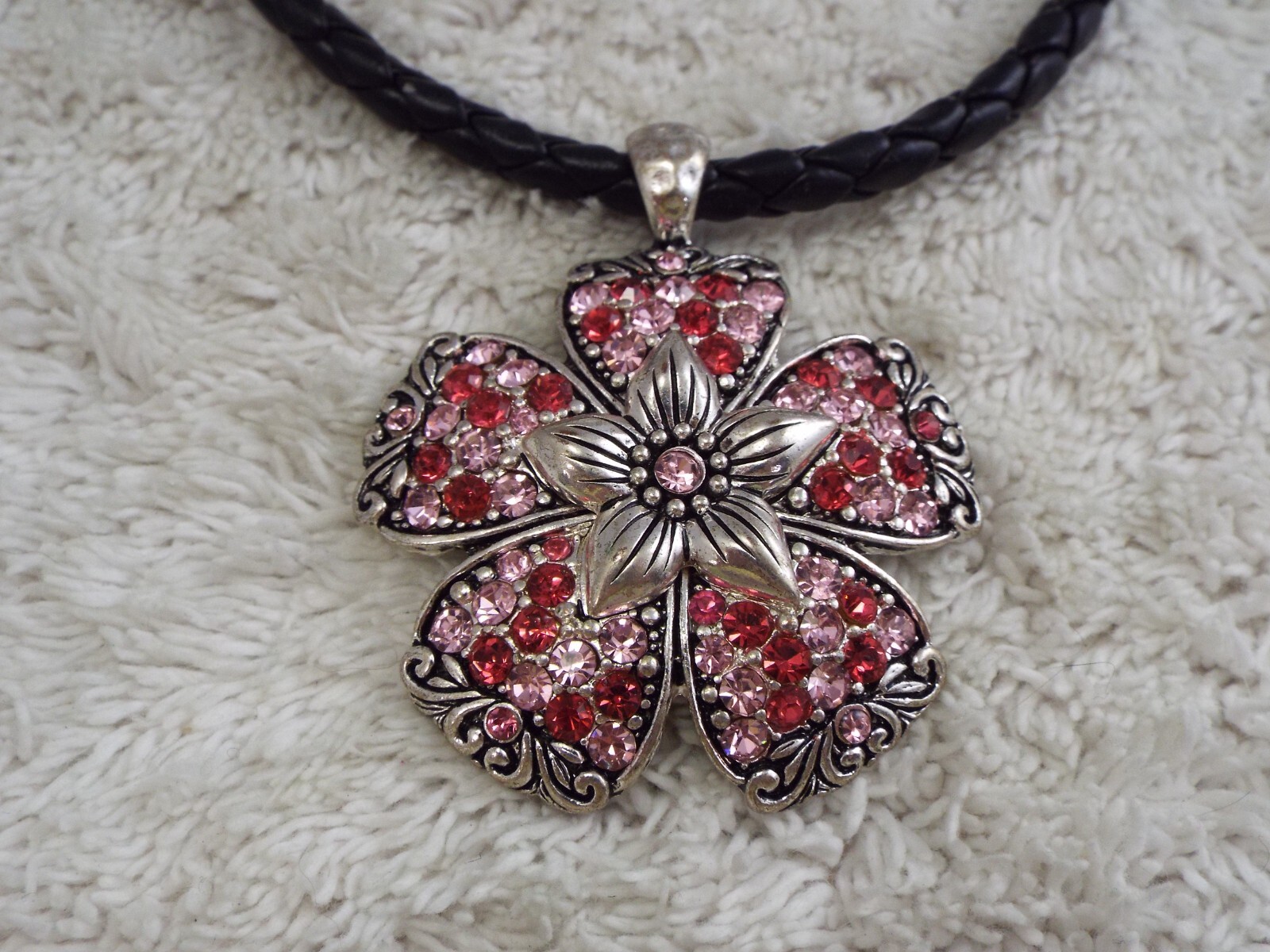 Silvertone Pink Rhinestone Flower Pendant Black Cord Necklace (B48)