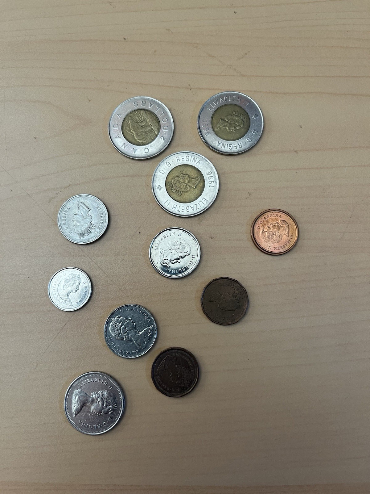 Canadian (Canada) circulation coin: Toonie (2 dollars; 1996) x3 plus other coins