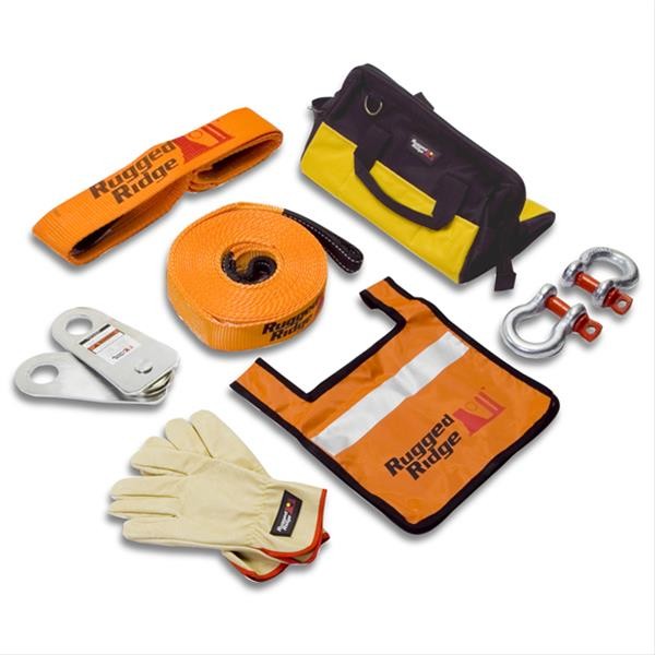 Rugged Ridge Recovery Gear Pulley Block Winch Strap Tow Strap Gloves Storage Bag