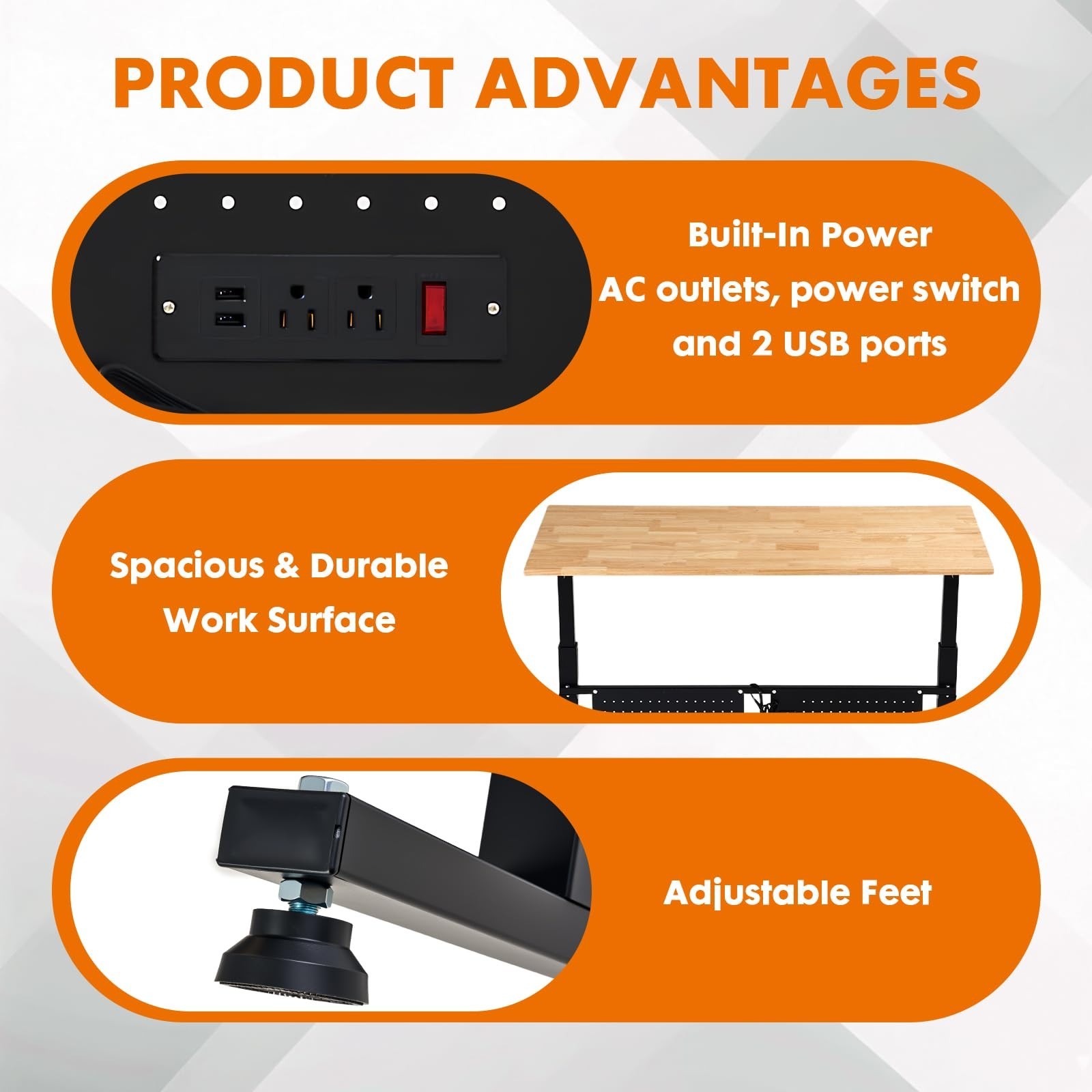 48" Adjustable Height Workbench with Outlets & Pegboard | 2000LBS Capacity Craft