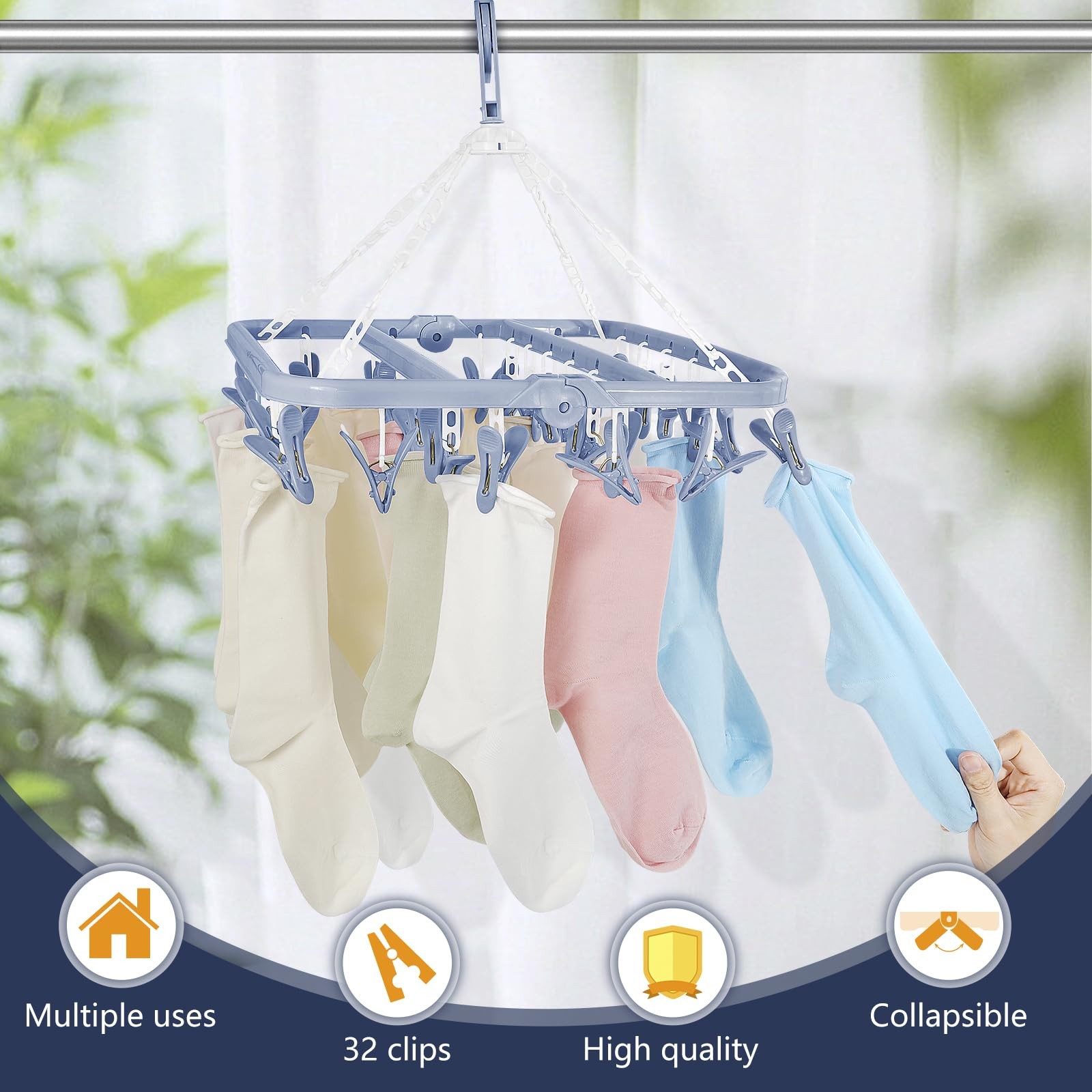 Clothes Drying Rack with 32 Clothespins, Bule Foldable Hanging Drying Racks, ...