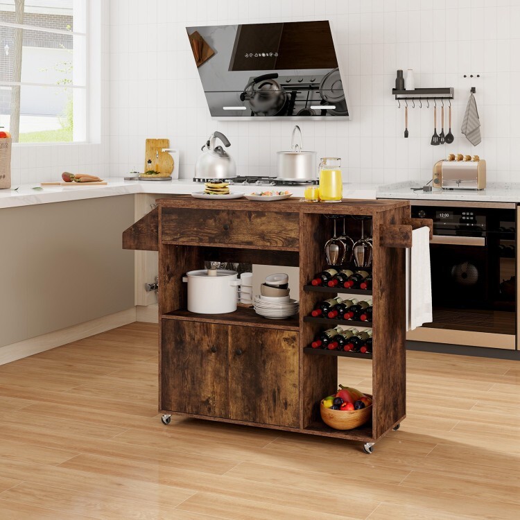 Multifunctional Drop-Leaf Kitchen Island Mobile Cart with 360° Rolling Casters