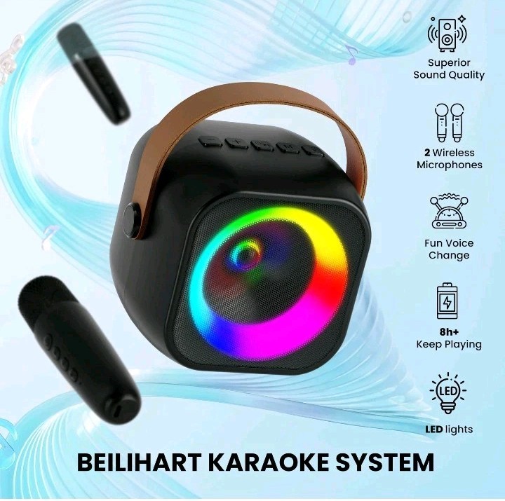 Mini Karaoke Machine, Portable Bluetooth Speaker 2 Mics, Black 2 Mics