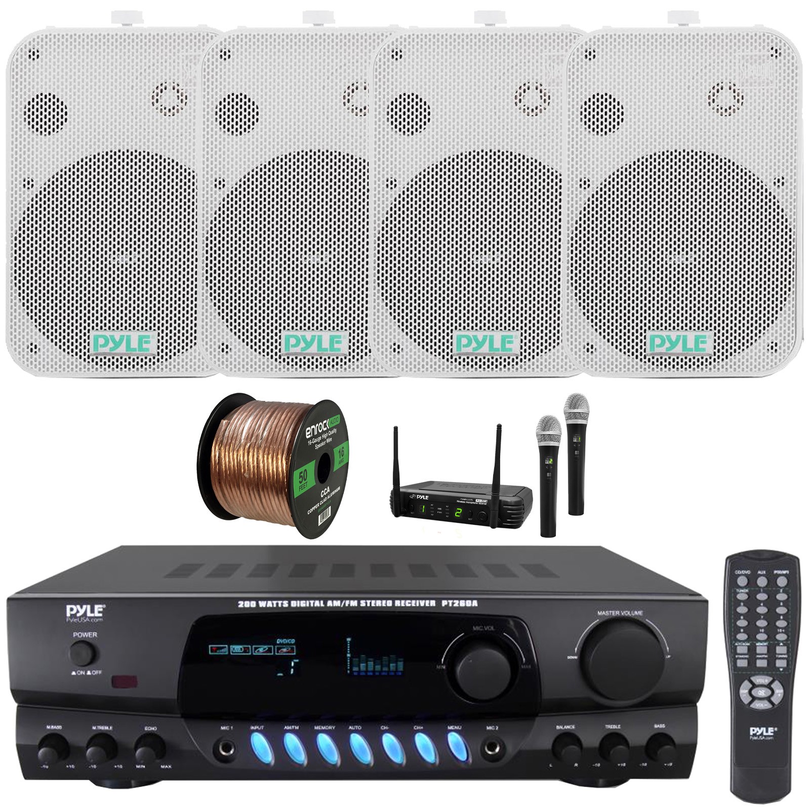 Pyle AM/FM Stereo Receiver, 4x 6.5" 500W Indoor/Outdoor Speakers, Mic System