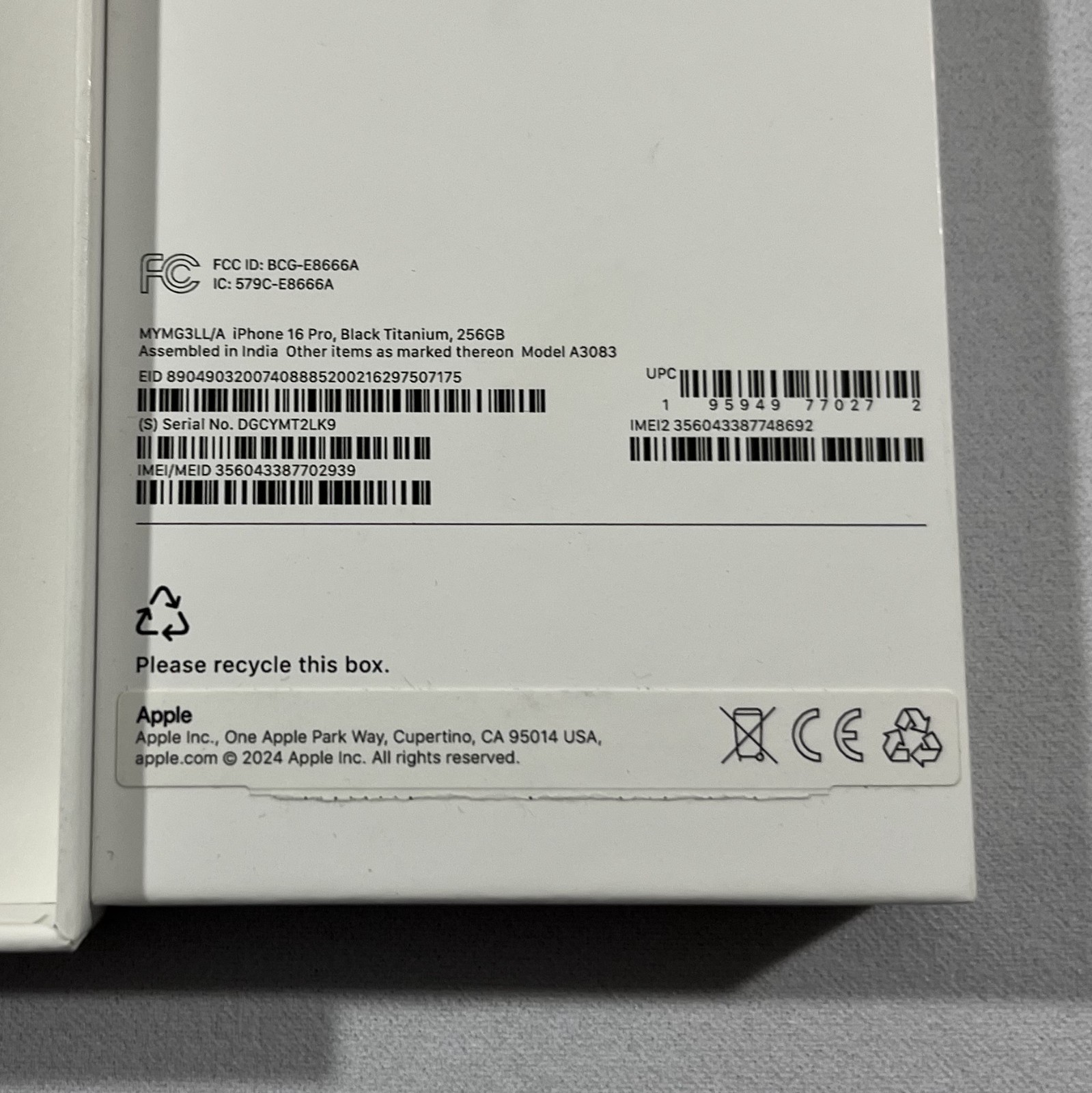 BOX ONLY Apple iPhone 16 Pro Black Titanium 256gb A3083 MYMG3LL/A Replacement