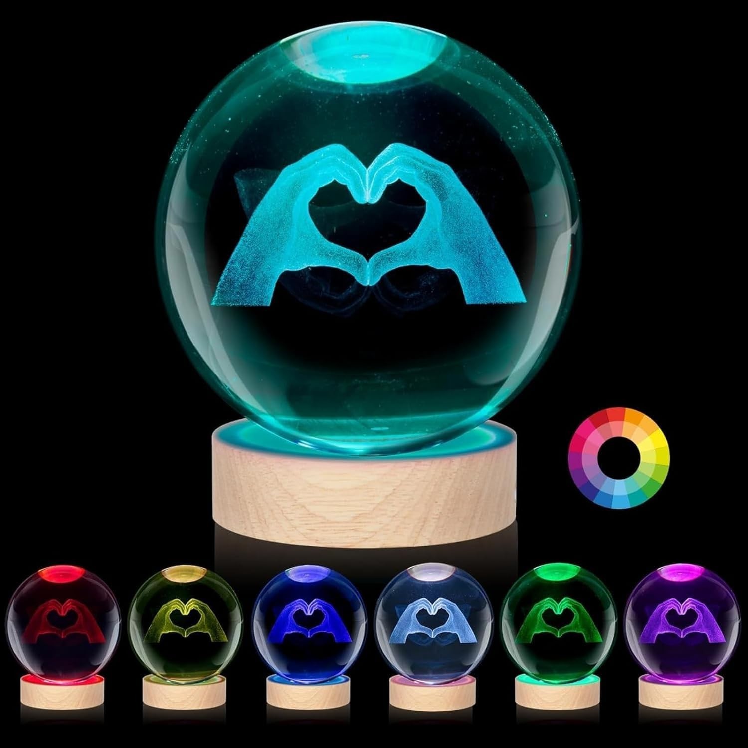 TS Girl 3D Crystal Ball Nightlight 3.15 inch Heart Gesture, 7 Colors to Choos...