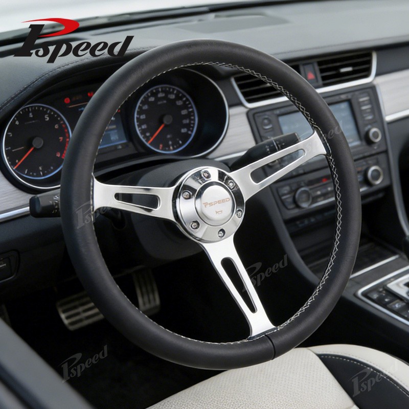 15" 380mm Car Truck Microfiber Leather Steering Wheel w/ Chrome Spoke 6-Bolt