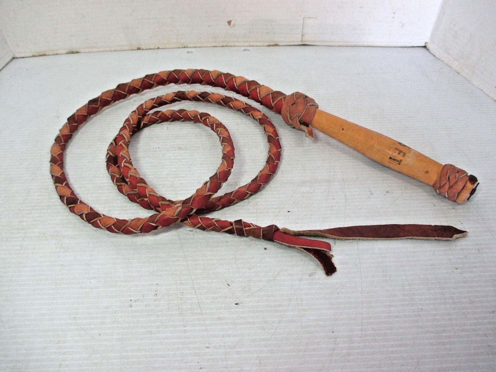 6 Foot Braided Leather Bull Whip with Wooden Handle