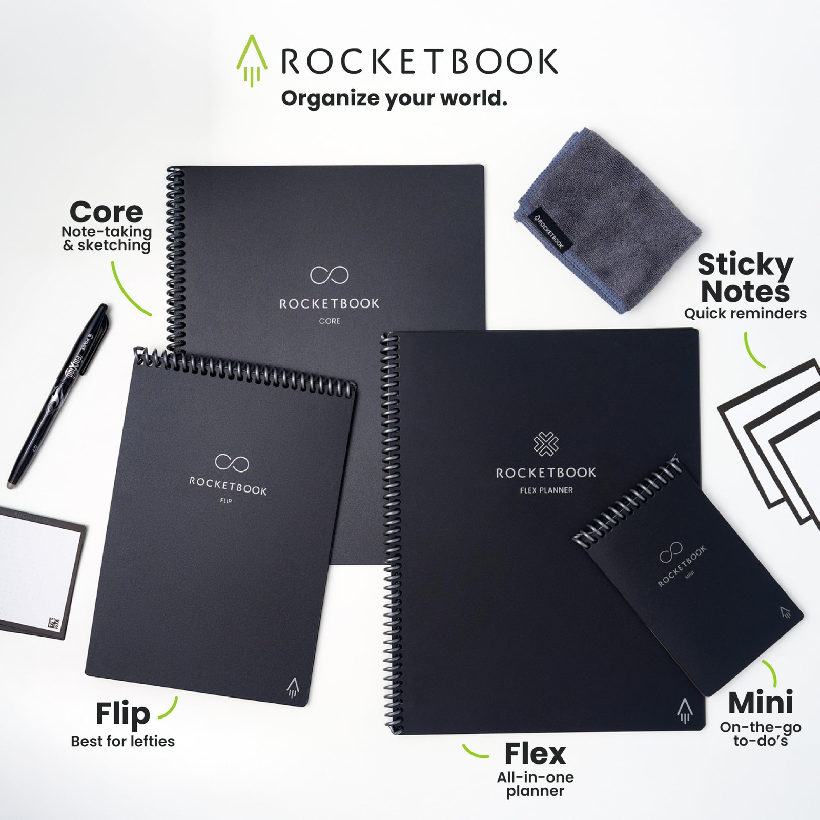 Rocketbook Reusable Sticky Notes Starter Pack, Restick and Reorganize Memo Pads,