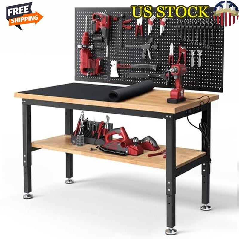 Garage Work Table 60 In Adjustable Height Rubber Wood W/ Power Outlets Storage