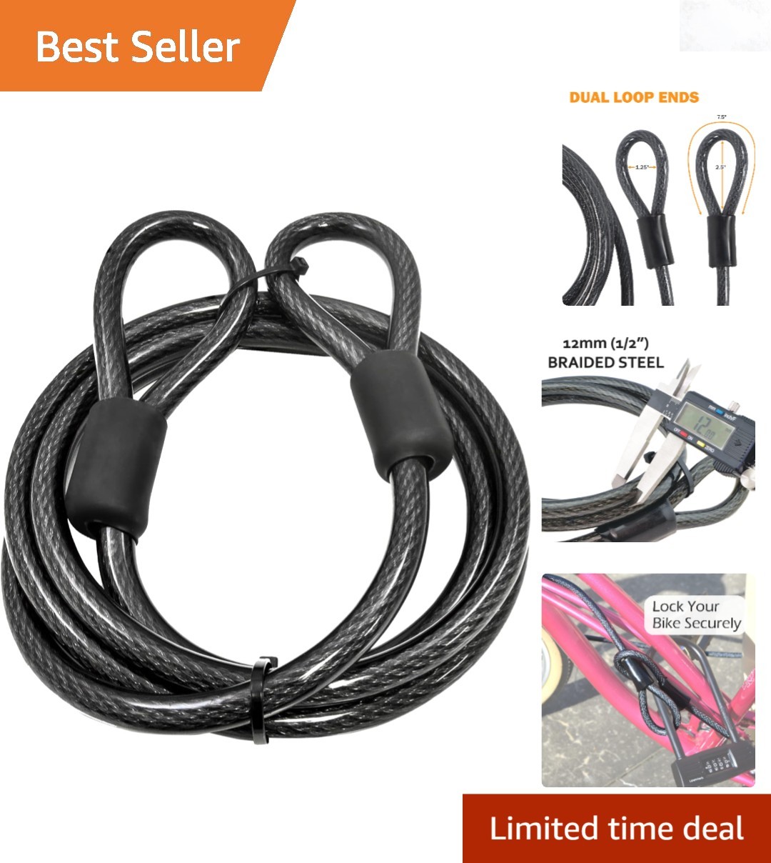 Heavy Duty Security Cable 12mm Vinyl Coated Braided Steel 30ft for Bikes Gates