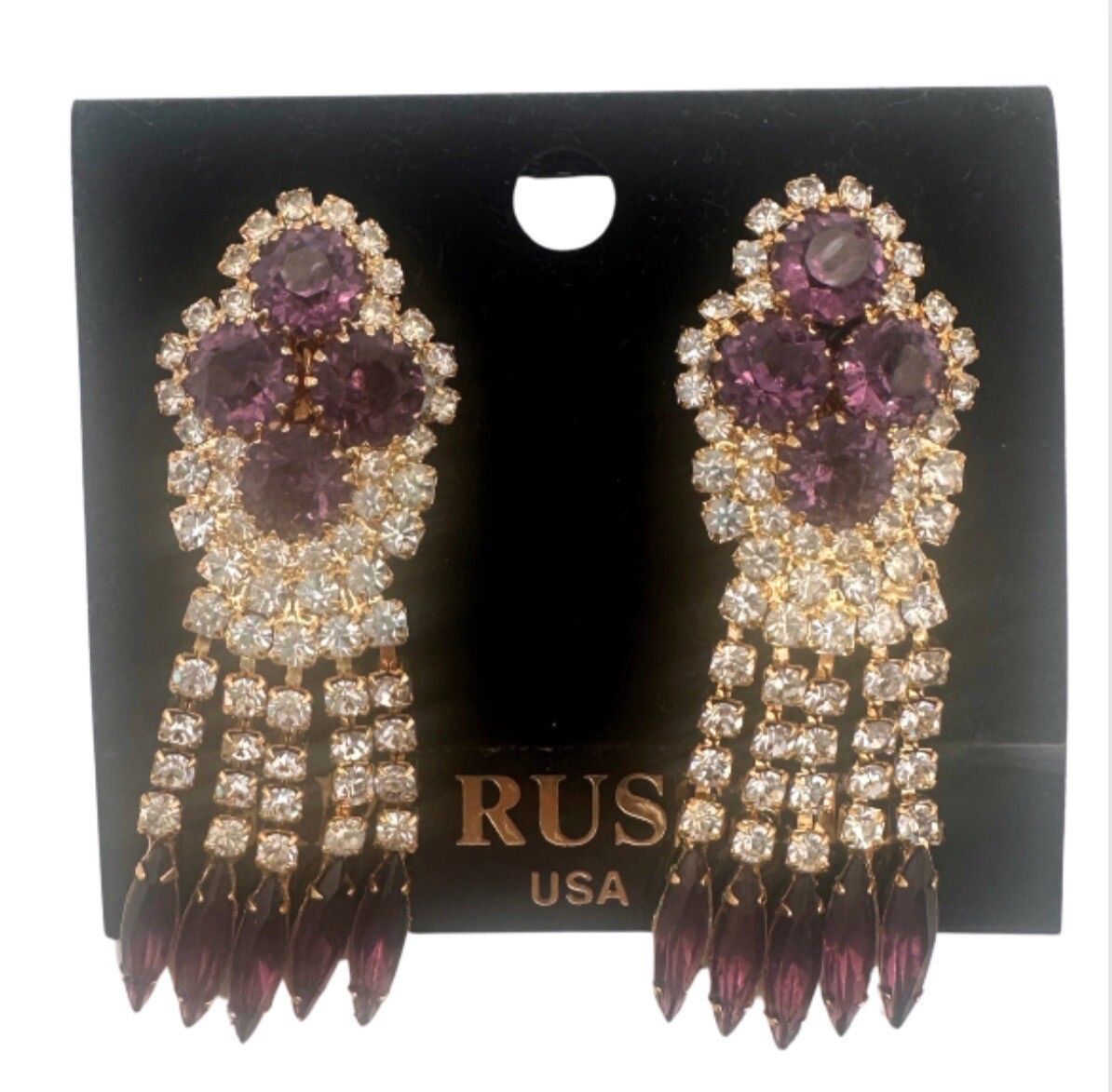 Purple Rhinestone & Austrian Crystal Gold Tone Chandelier Clip Earrings