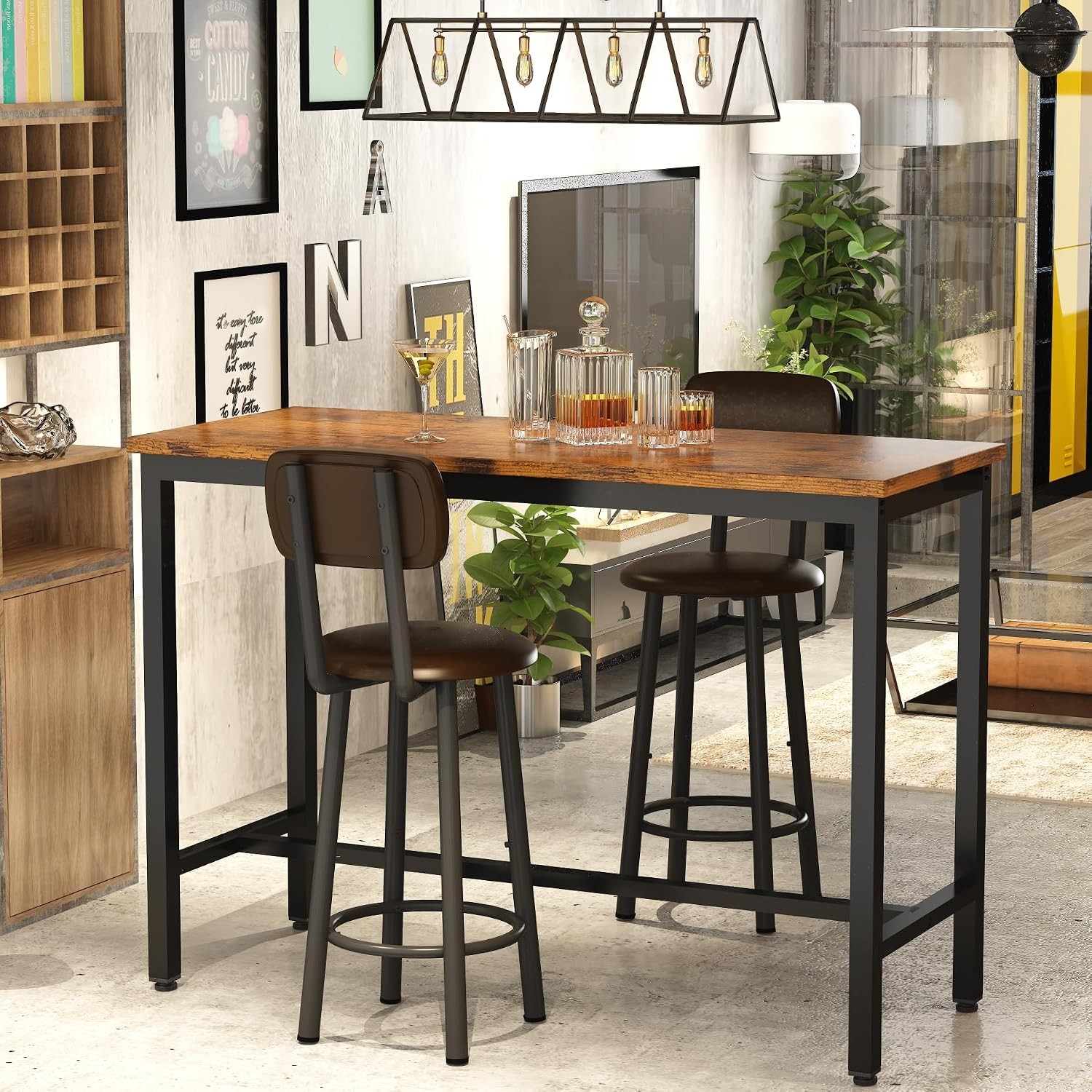 Industrial Pub Height Table with 2 PU Upholstered Stools,3-Piece Kitchen Table