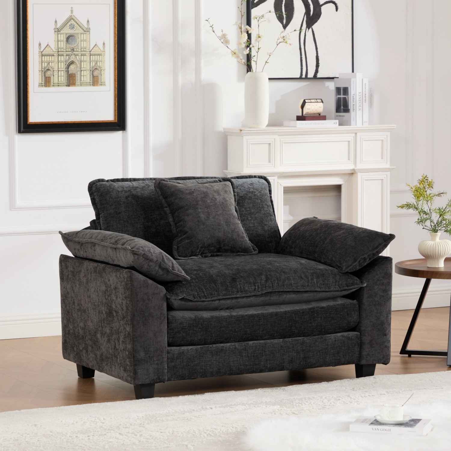 Black Chenille Accent Chair Modern Oversized Double Layer Upholstered Armchair