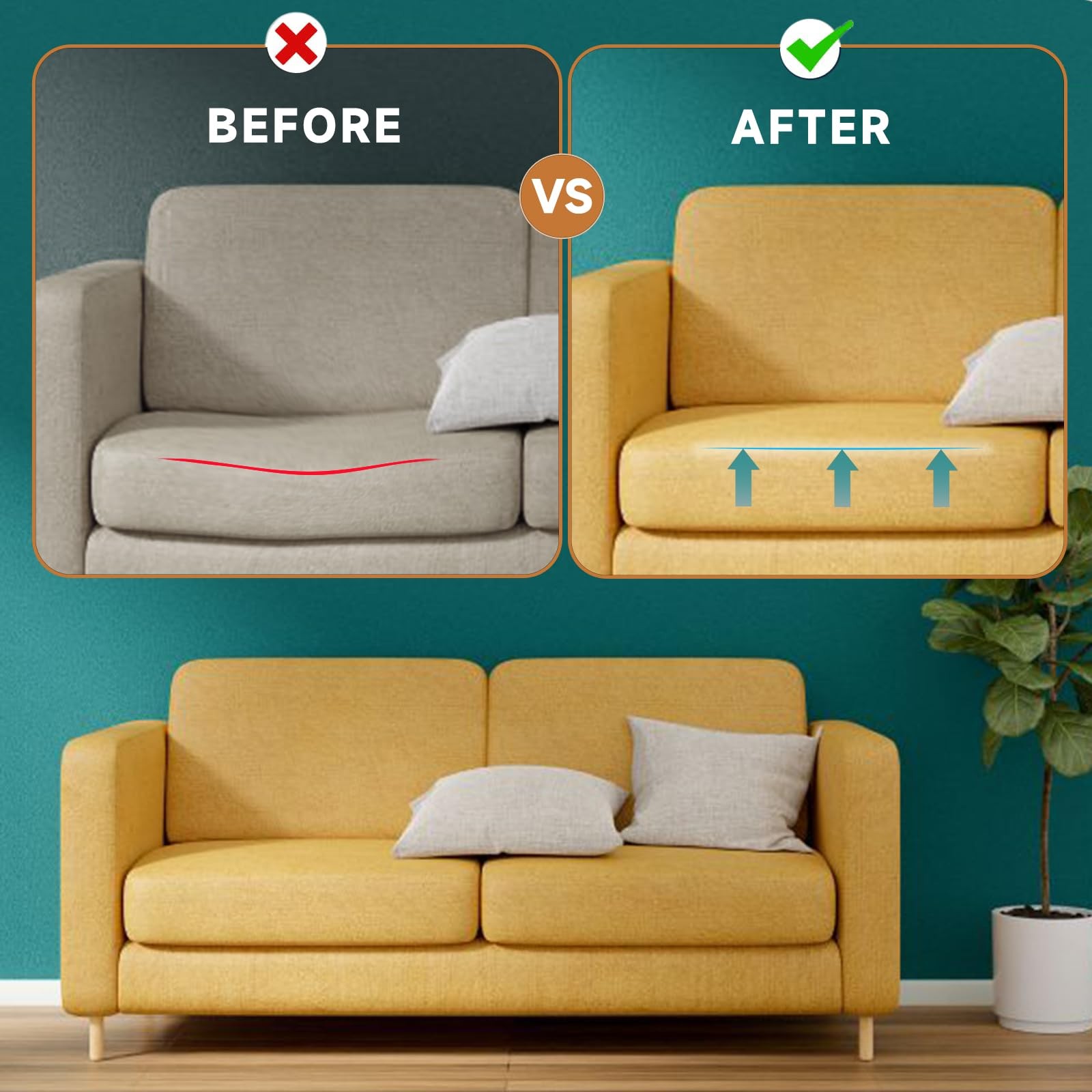 22×22 Couch Cushion Support for Sagging Seat, 3-Pack 40D Square High-Density ...