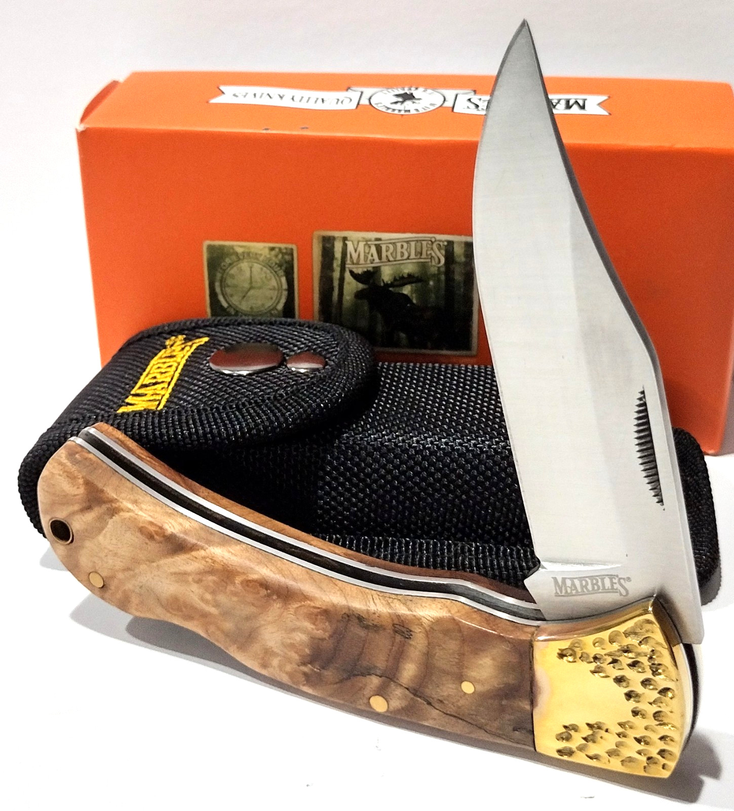 Marbles Brown Rich Grain Burl Wood Handles Lockback Folding Pocket Knife Sheath