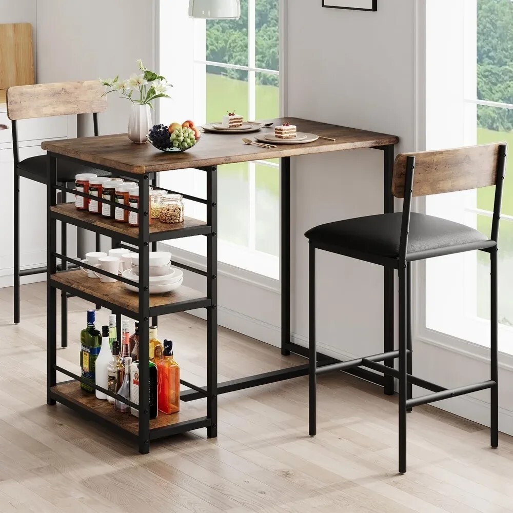 Dining Table Set for 1 Table and 2 Chairs, with 3 Storage Shelves Bar Table Set