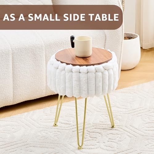 Vanity Stool with Storage, Faux Fur Ottoman Chair with Metal Legs, Round White