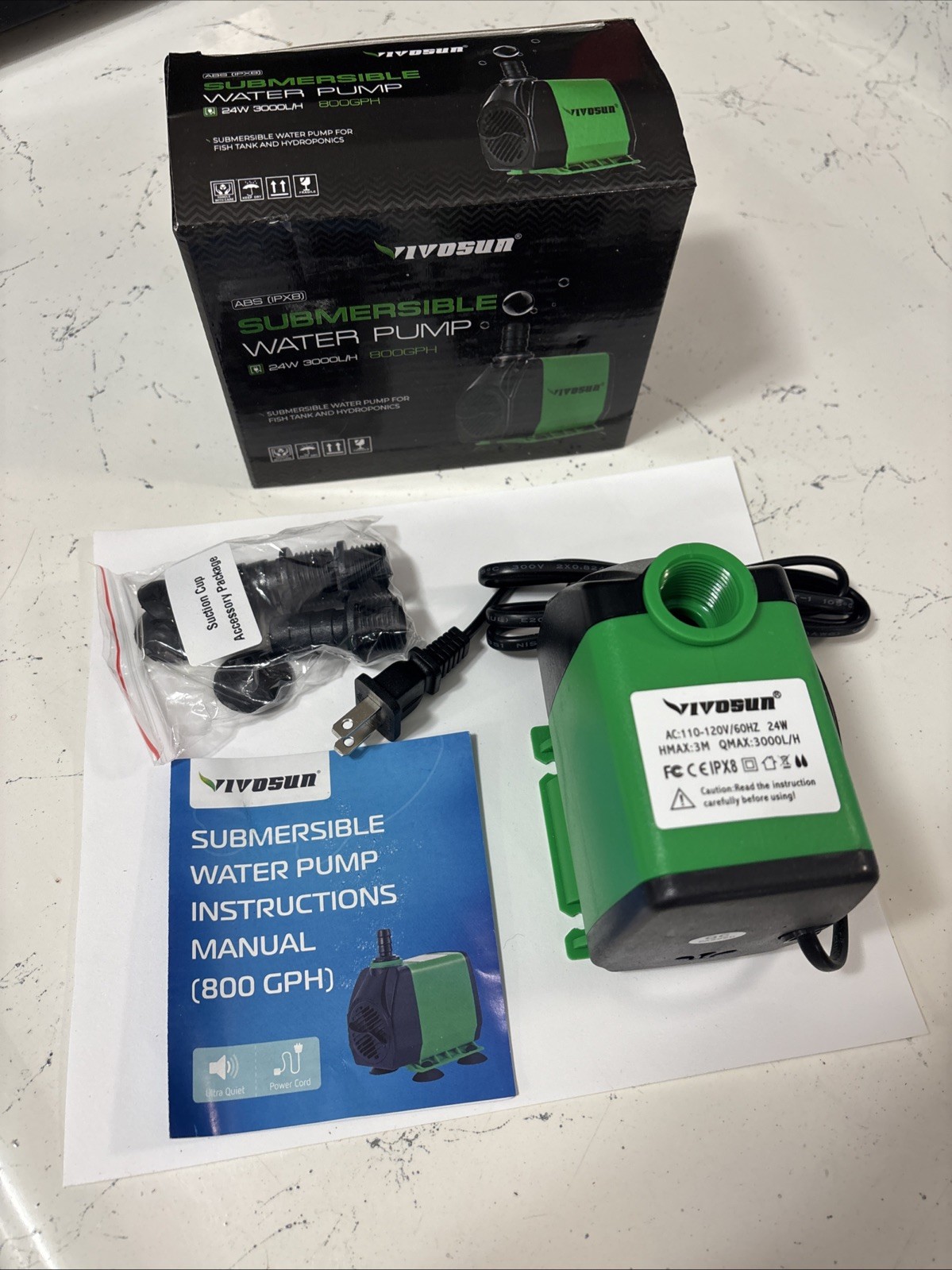 VIVOSUN 800GPH Submersible Pump (3000L/H, 24W)