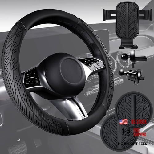 Leather Rubber Steering Wheel Covers Set,Heavy Duty Standard[14.5"-15"] Black