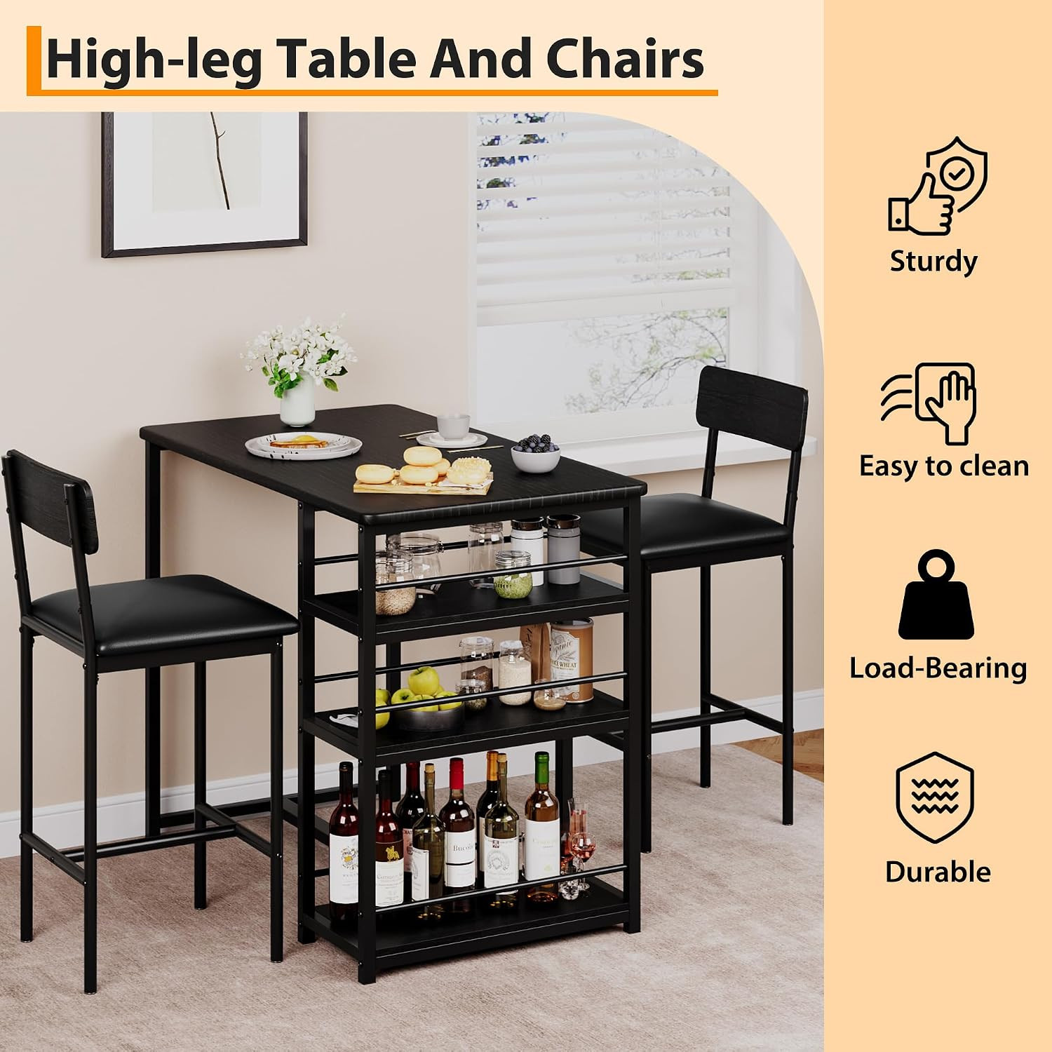 Farmhouse Counter Height Kitchen Table with 2 Bar Stools | Dining Table and Chai