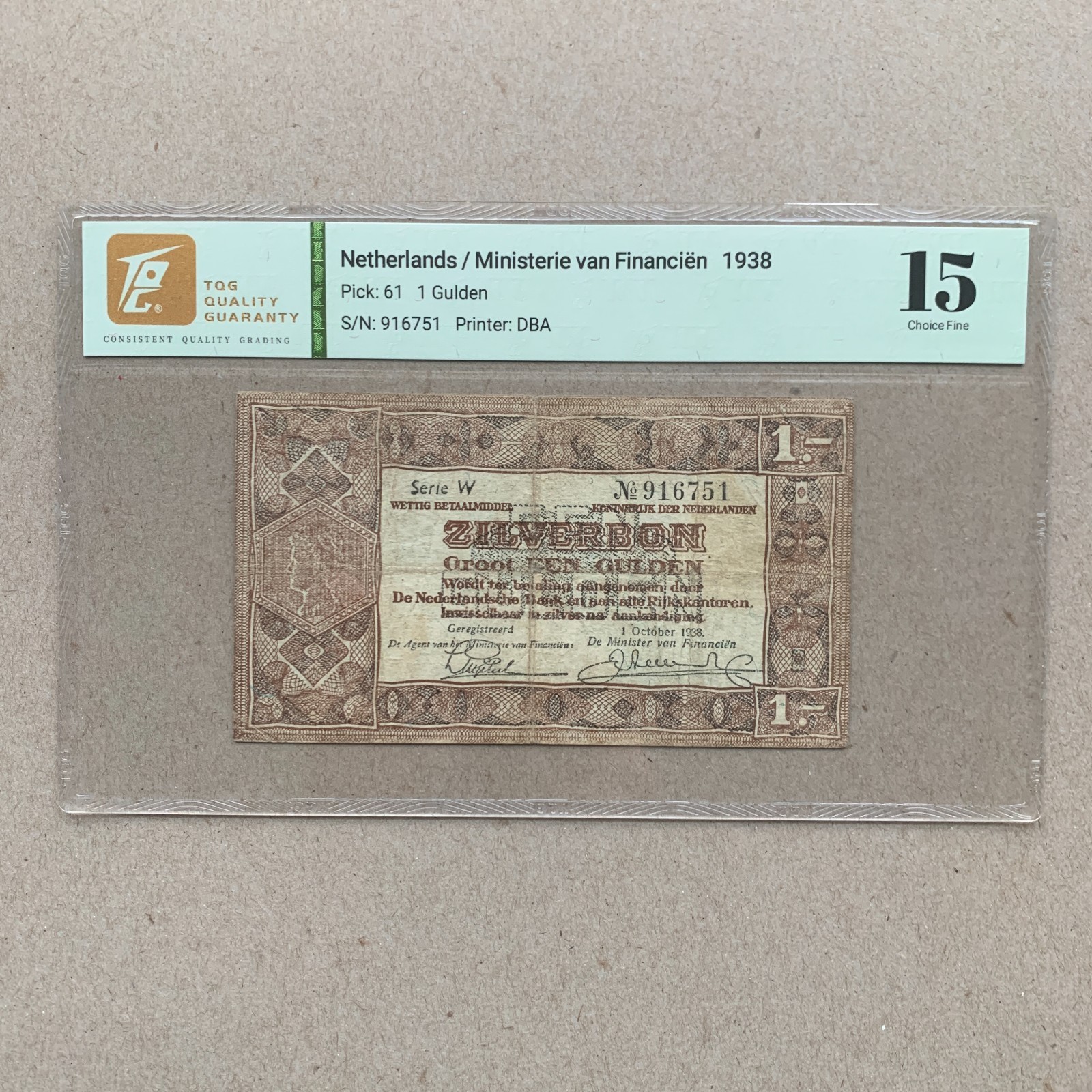 Netherlands 1 Gulden 1938 P61 Banknote. TQG 15 Fine WW2 WWII Era Currency
