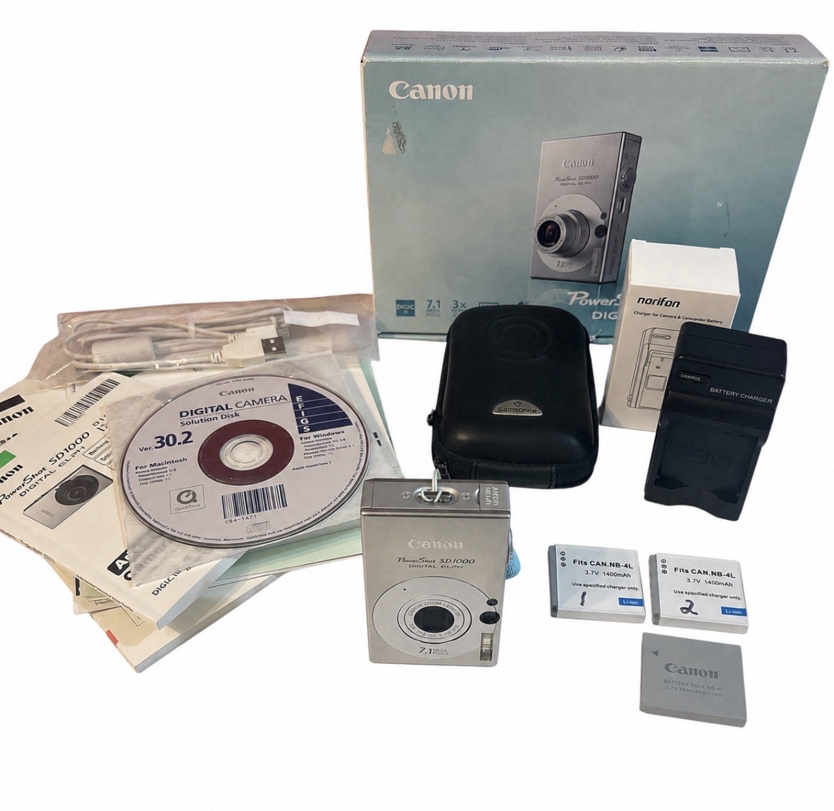 Canon PowerShot SD1000 Digital ELPH Camera Tested Box 3 Batteries Case Works