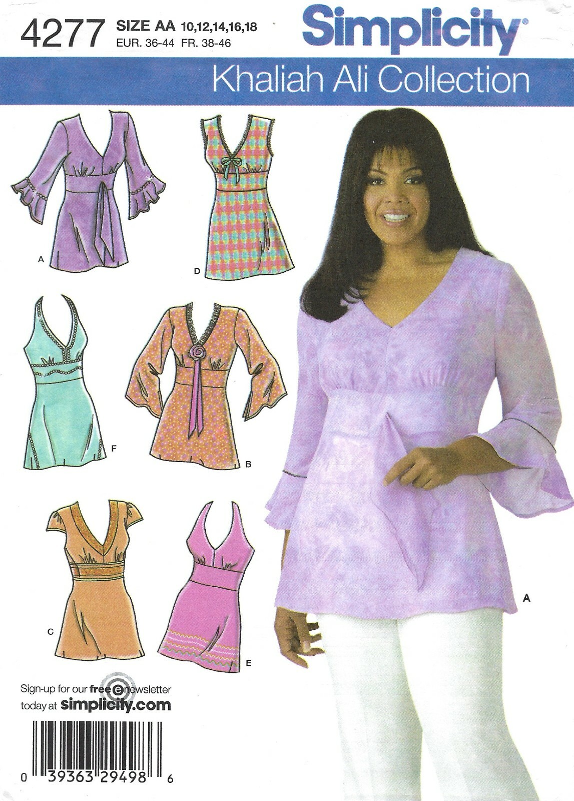 Simplicity 4277 V-Neck Tunics w Banded Midriff, Sleeve Variations Sz 10-18 UNCUT