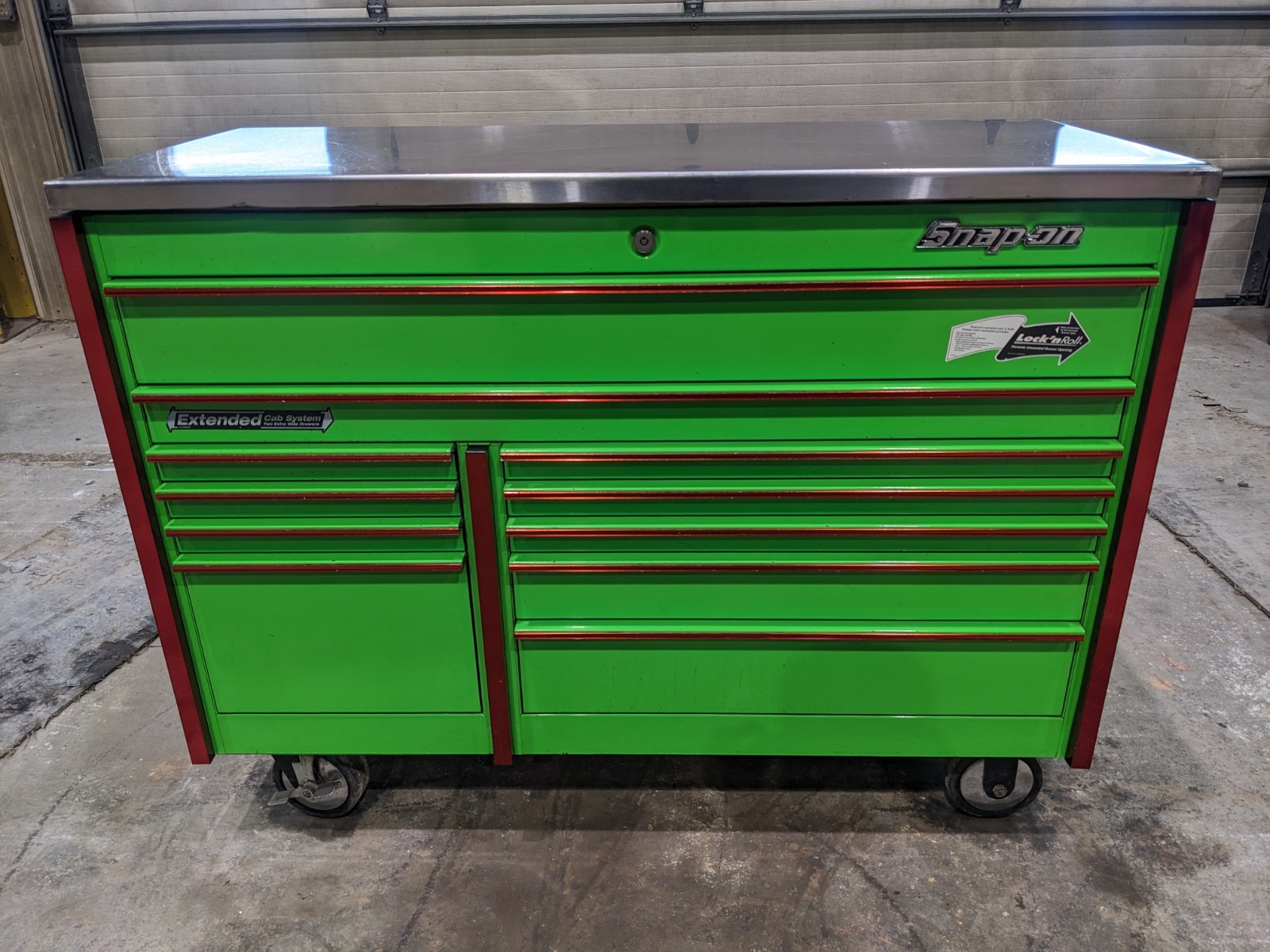 snap on tool box 54 inches stainless steal top. On wheels.
