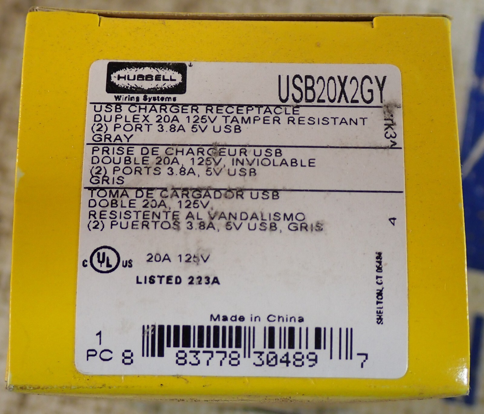 1 NEW  Hubbell USB20X2GY USB Charger Receptacle Duplex 20A 125V Tamper Resistant