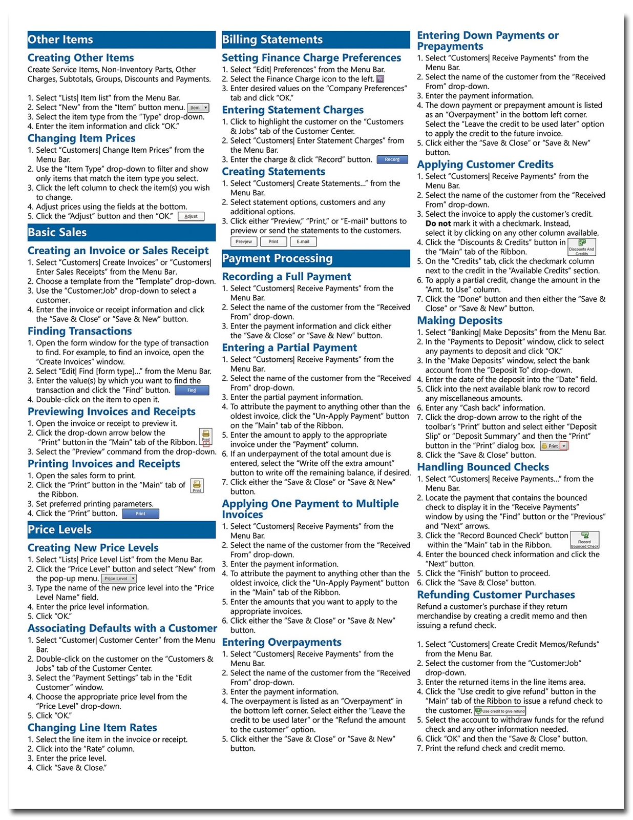 QuickBooks Pro 2016 Training Guide Quick Reference Card 4 Page Cheat Sheet