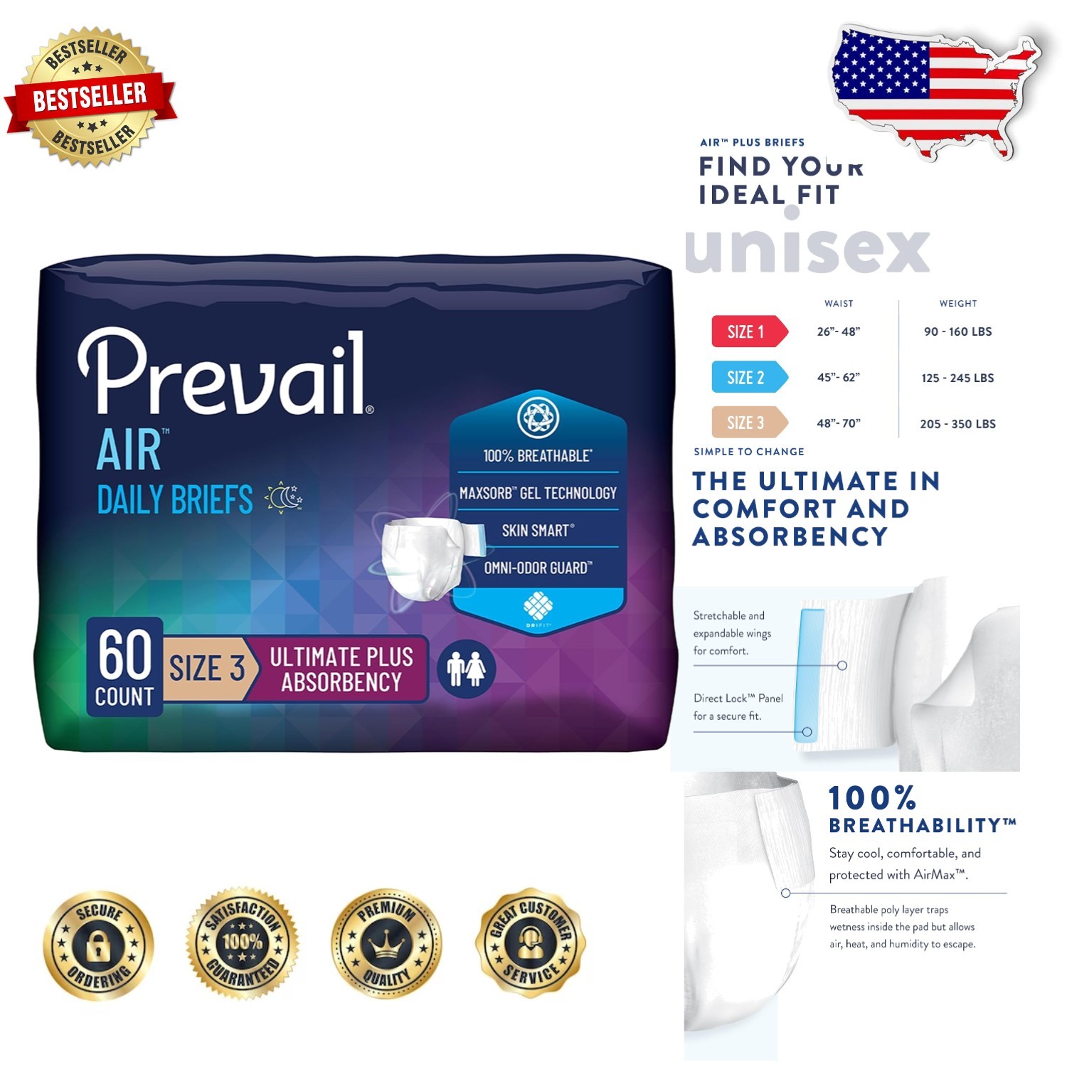 Breezers Incontinence Briefs Size 3 4 Packs MaxSorb Gel Breathable Dry