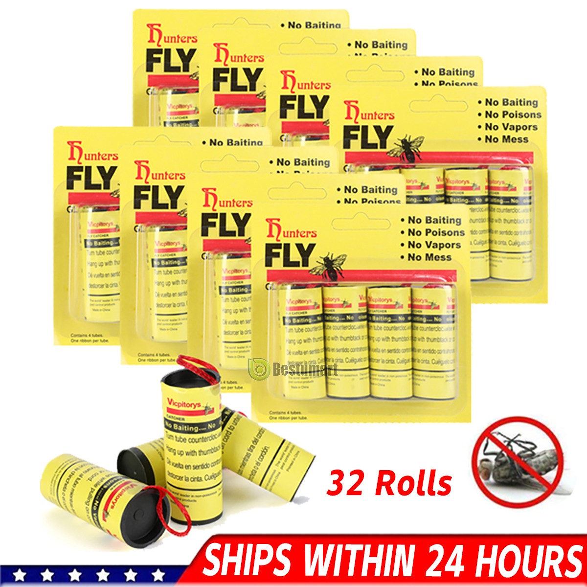 32 INSECT BUG FLY GLUE PAPER CATCHER TRAP RIBBON TAPE STRIP STICKY FLIES ROLLS