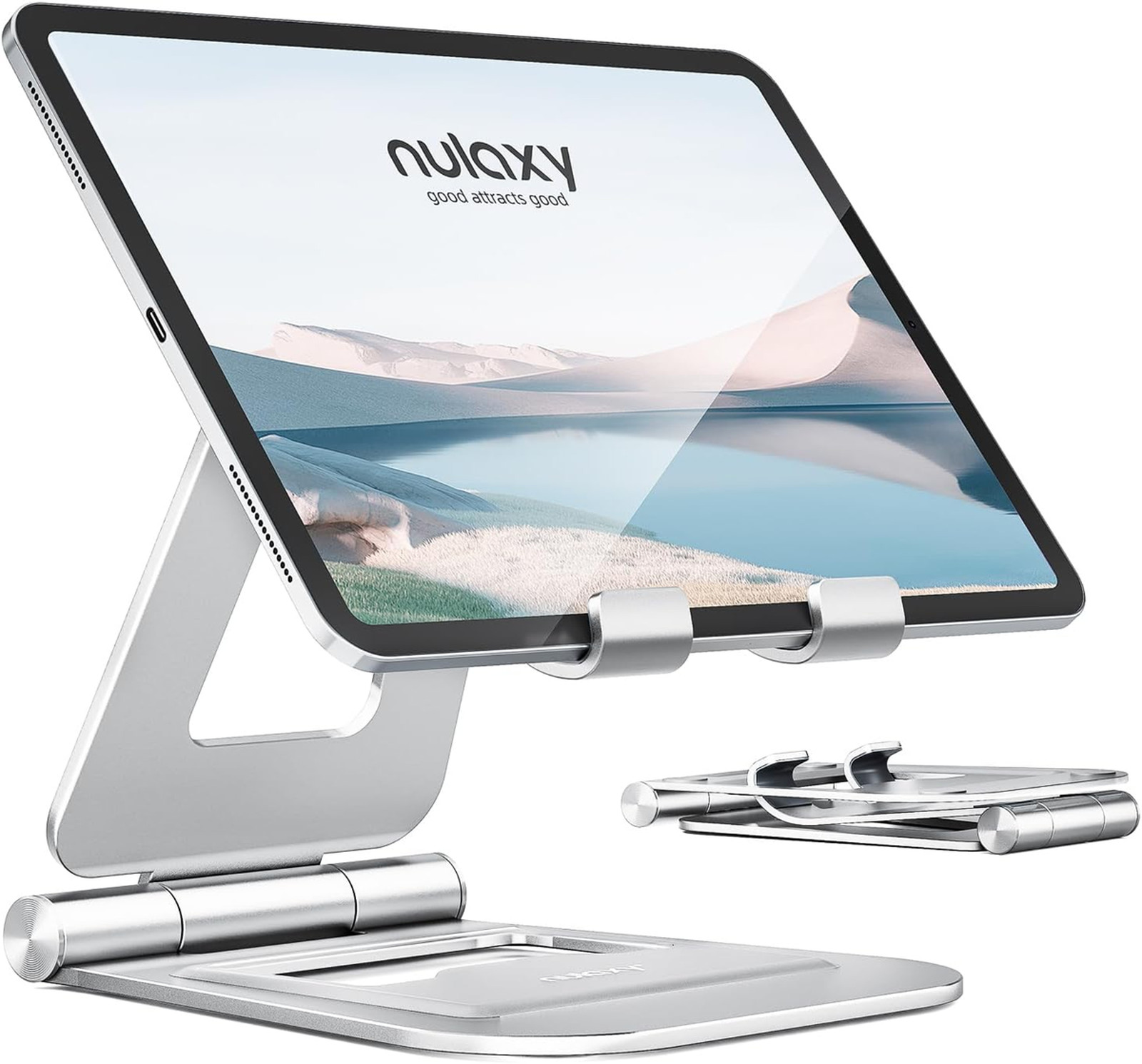 Dual Adjustable Foldable Aluminum Tablet Stand, Silver, Compatible with iPad