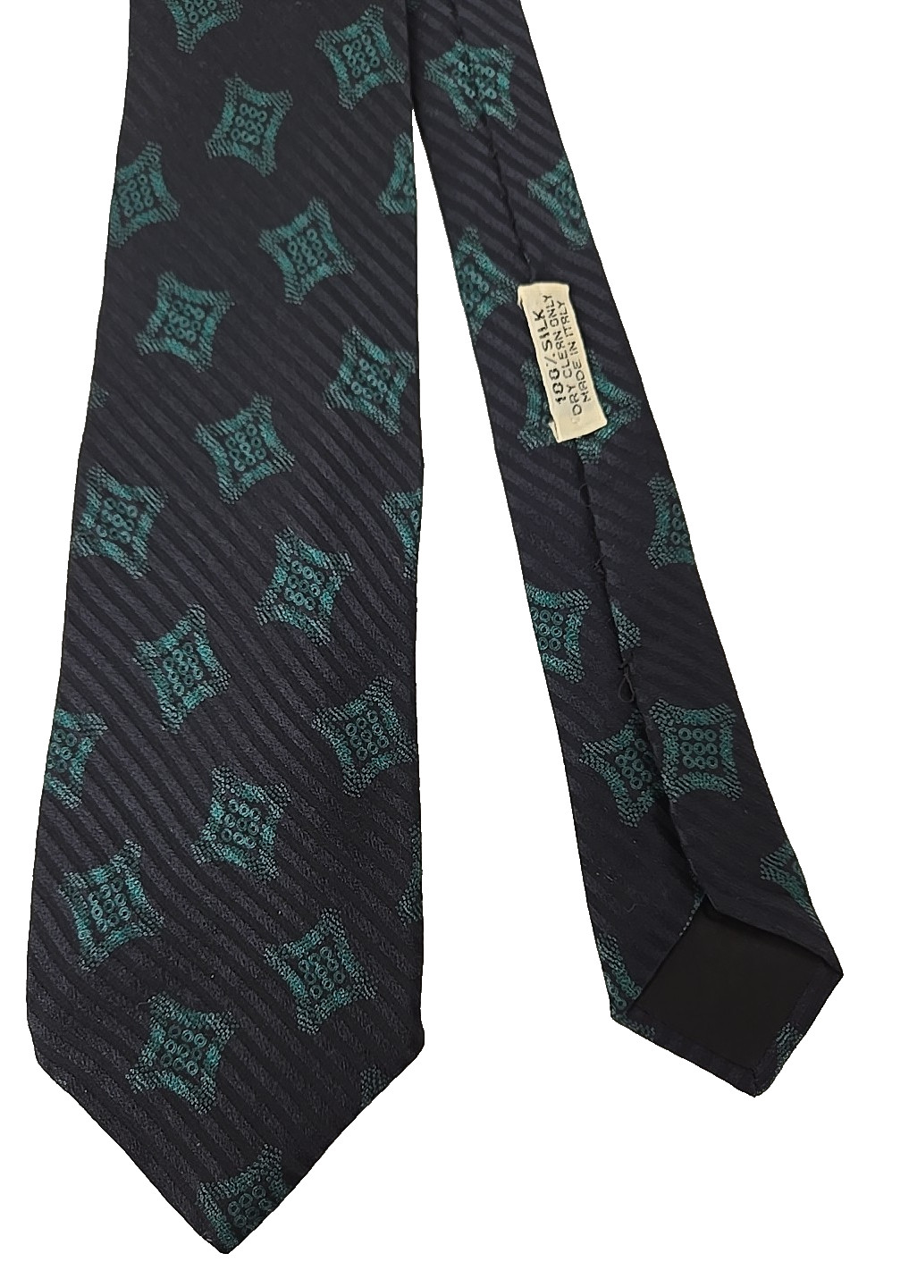 Giorgio Armani 100% Silk Tie Handmade in Italy Black Green Geometric Pattern