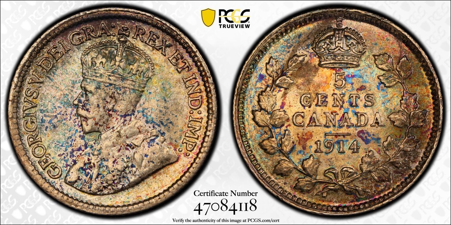 AU58 1914 Canada Silver 5 Cent, PCGS Trueview- Rainbow Toned