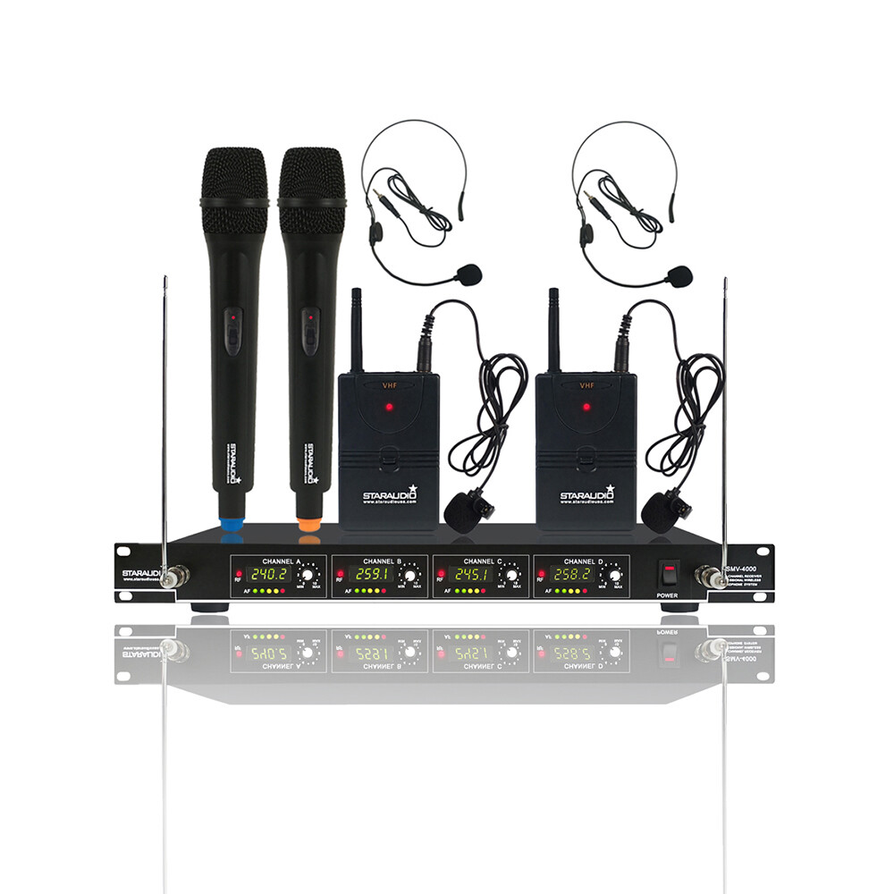 4CH Wireless VHF Microphone System Handheld & Headset Lavalier Bodypacks KTV Mic