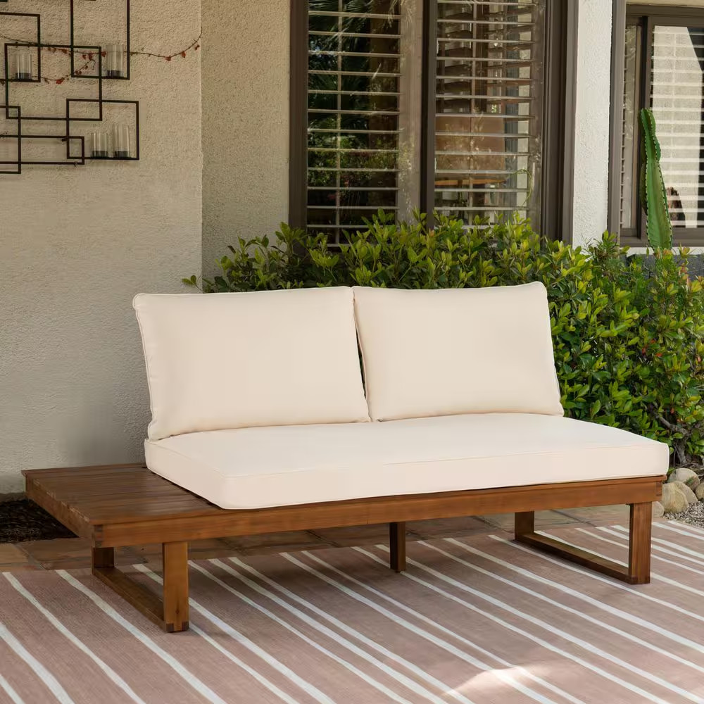 Didier Natural Brown Wood Outdoor Left-Side Loveseat with Beige Polyester Cushio