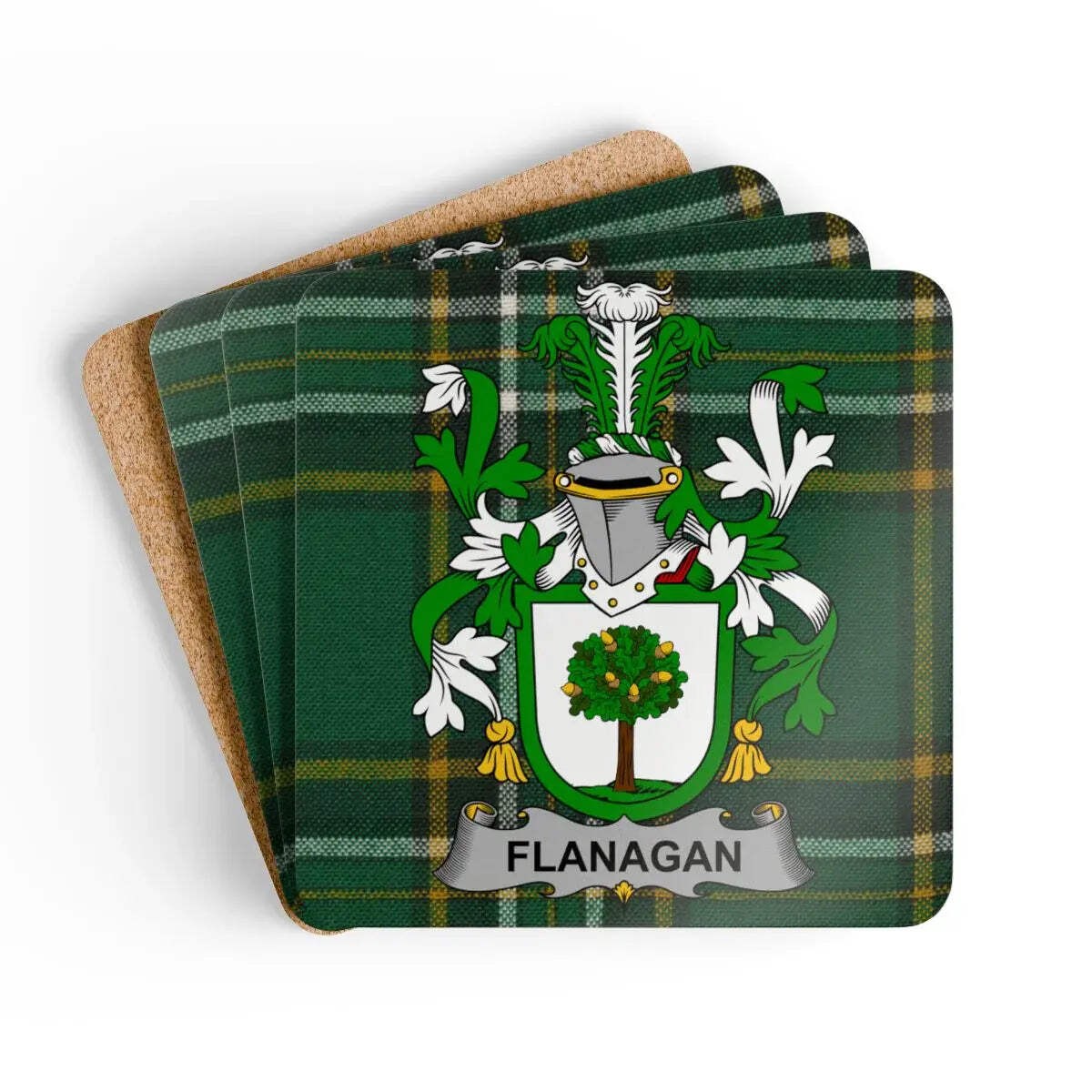 Flanagan Irish Family Crest Tartan Coaster Set