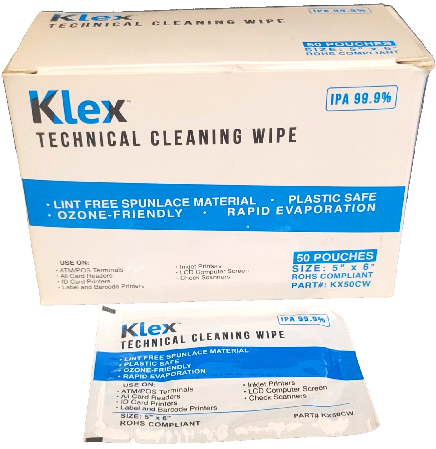 49 Klex 5" x 6" Lint-Free CLEANING WIPES For Credit Card POS ATM Reader 99+% IPA