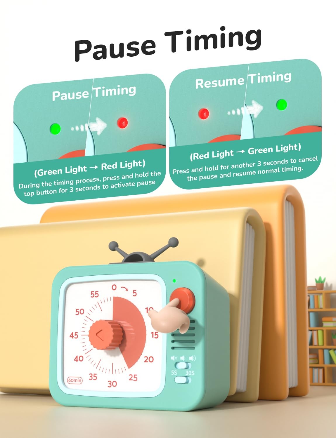 Visual Timer for with Pause, 60 Minute Countdown Timer, Green