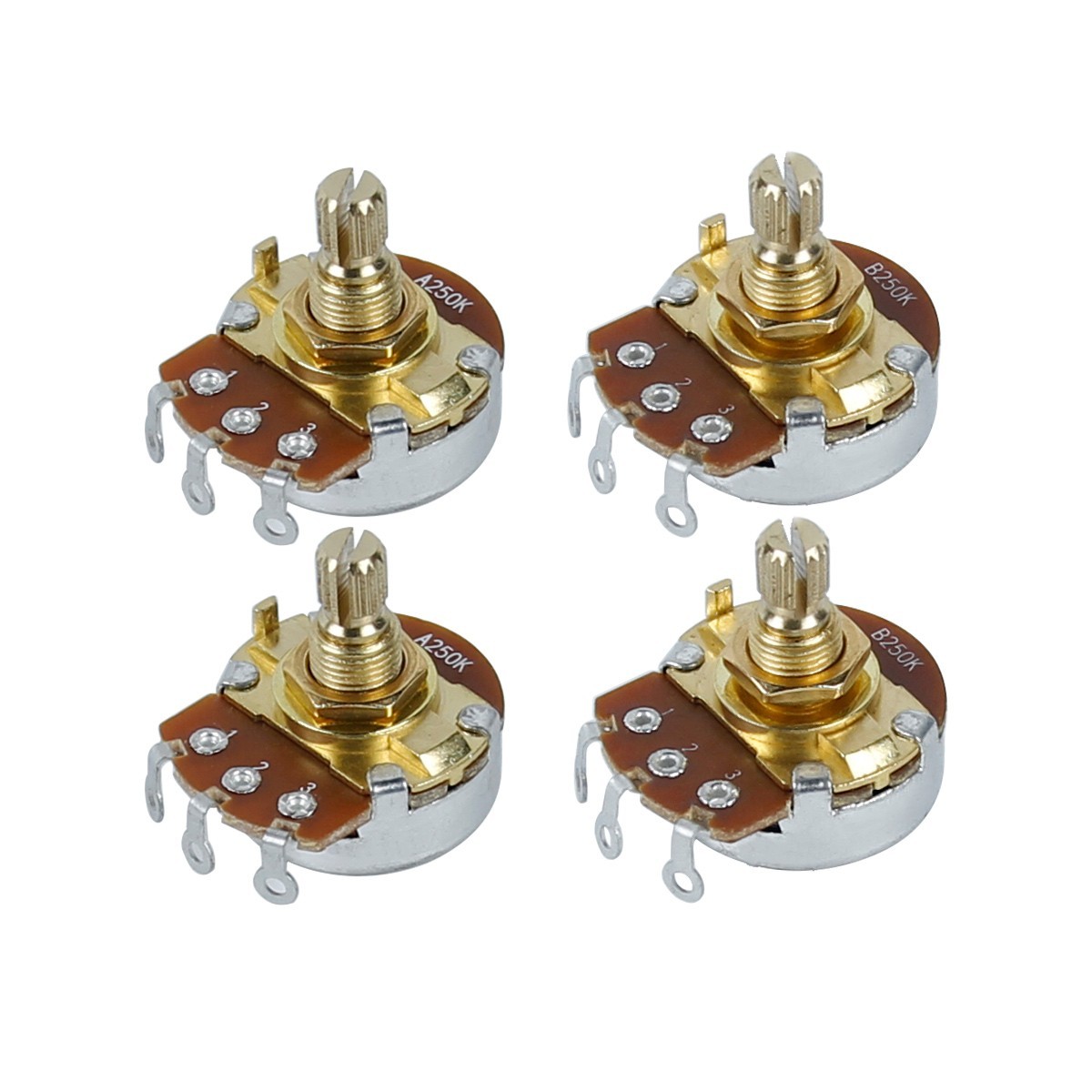 2x A250K+2x B250K Bass Guitar Potentiometers Gold Brass Taper Copper Short Shaft