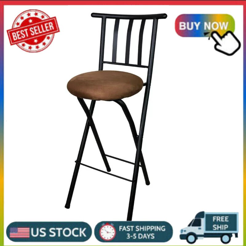 Indoor Metal Folding Stool w/Slat Back & Microfiber Seat Bar Stool Kitchen Chair