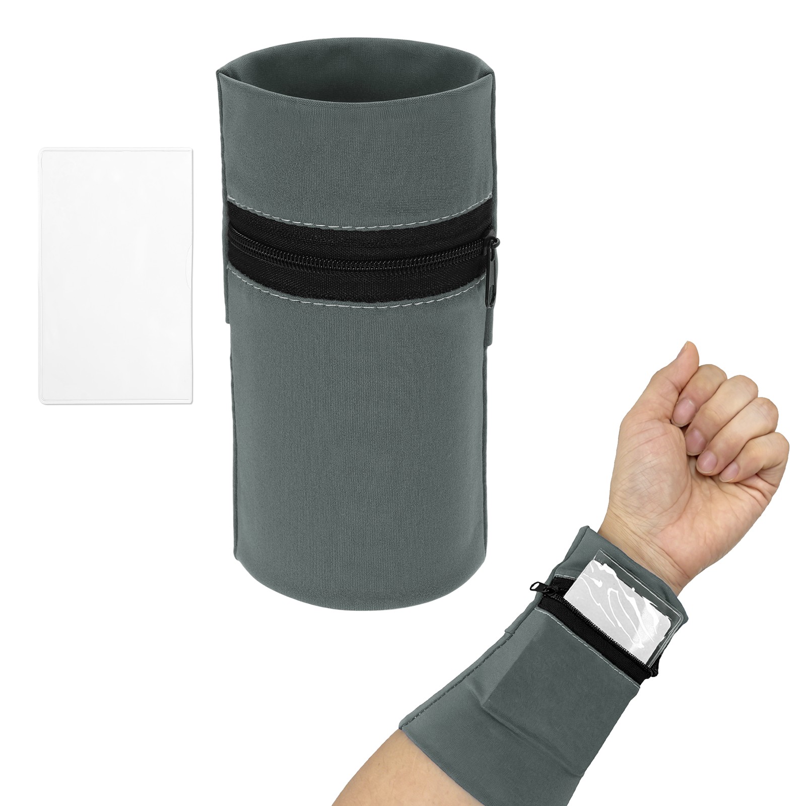Wrist Pouch, Wrist Wallet Wristband with PVC Card Pouch Zipper &Dark Gray