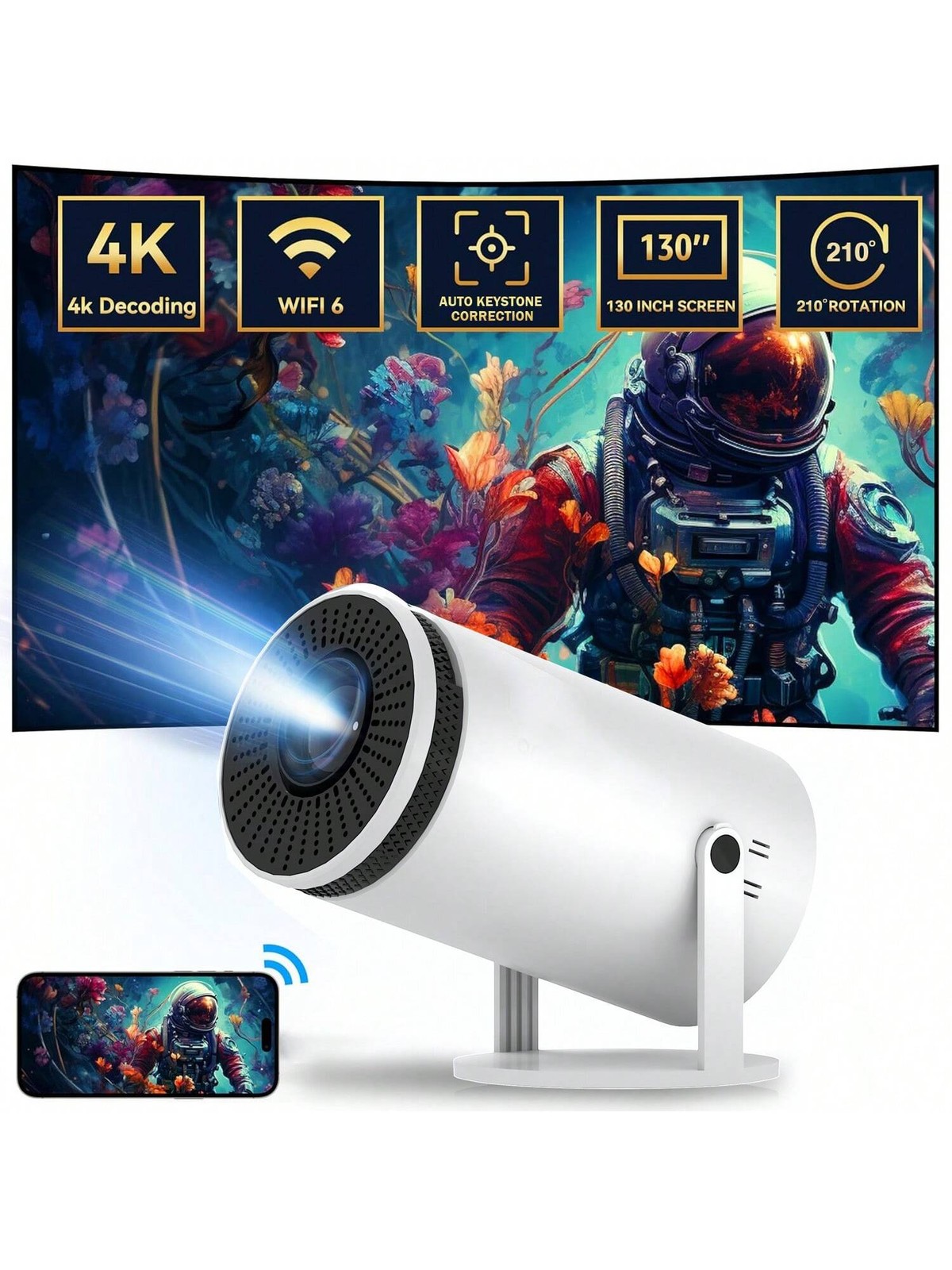 Android 12 Smart Projector WiFi 6 Portable Mini with Keystone Correction