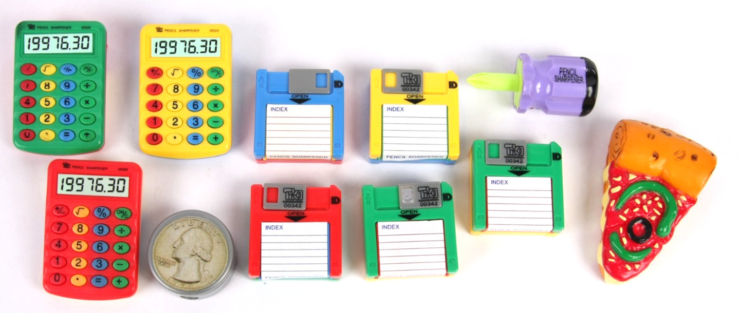 VTG 80s 90s PLASTIC PENCIL SHARPENERS 3 1/2 Floppy Disk Calculator - Lot of 10